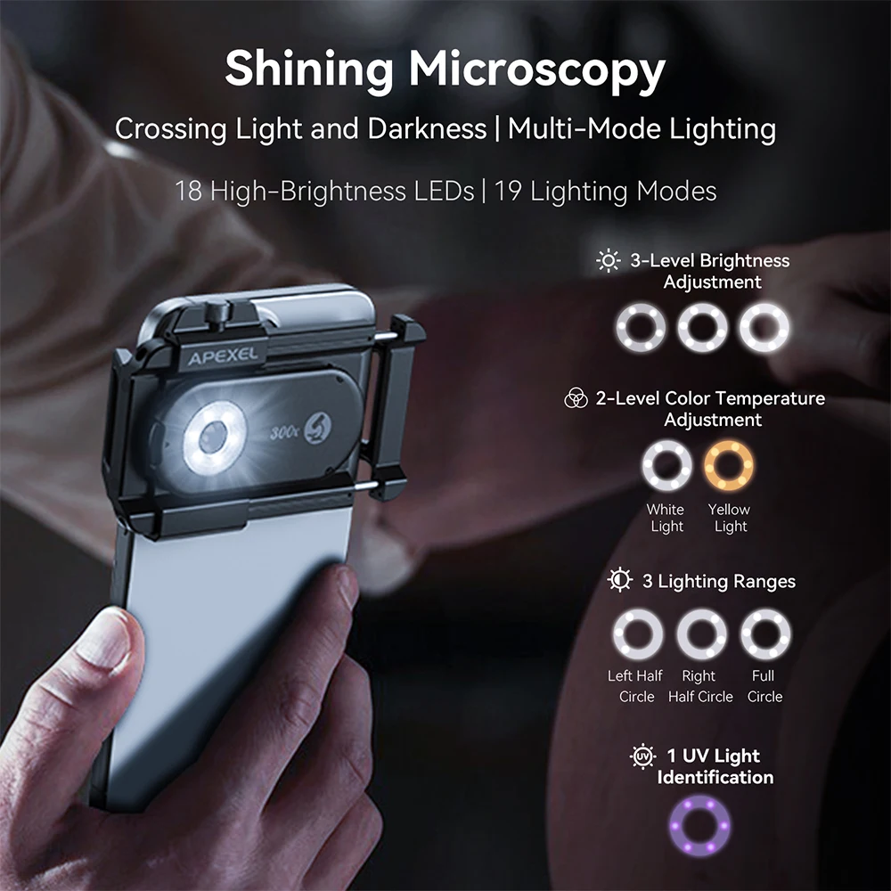 APEXEL New Upgraded 300X Microscope Lens Mobile Phone Camera Lens Kit Mini Macro Lenses with LED Light for almost All Smartphone
