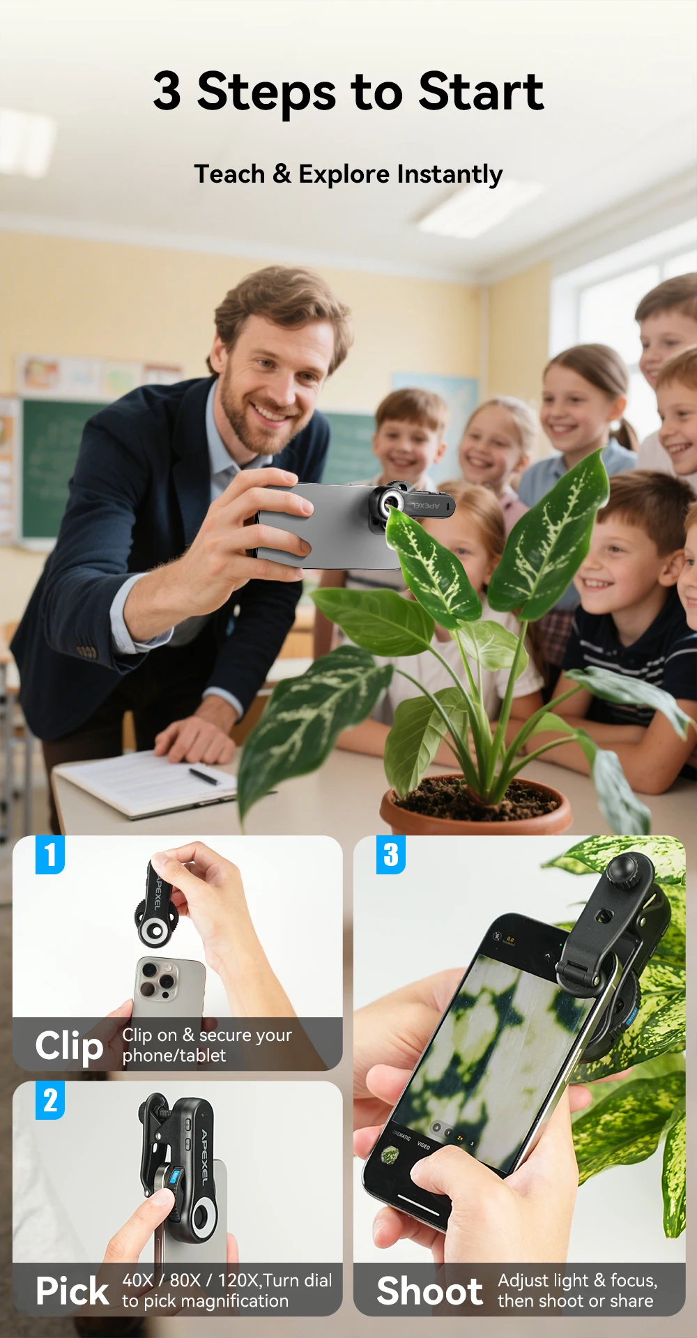 APEXEL 2025 New HD 40X/80X/120X Microscope 3in1 Lens with LED Light/Universal Clip for iPhone 17/pro max 16/Android Smartphones