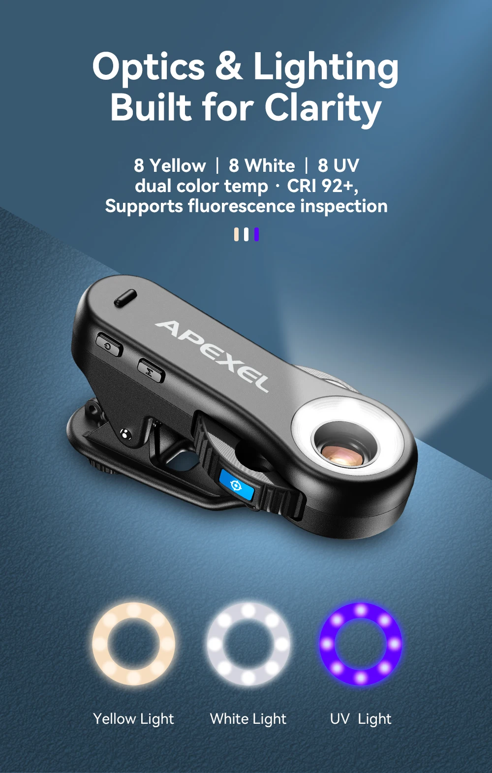 APEXEL 2025 New HD 40X/80X/120X Microscope 3in1 Lens with LED Light/Universal Clip for iPhone 17/pro max 16/Android Smartphones