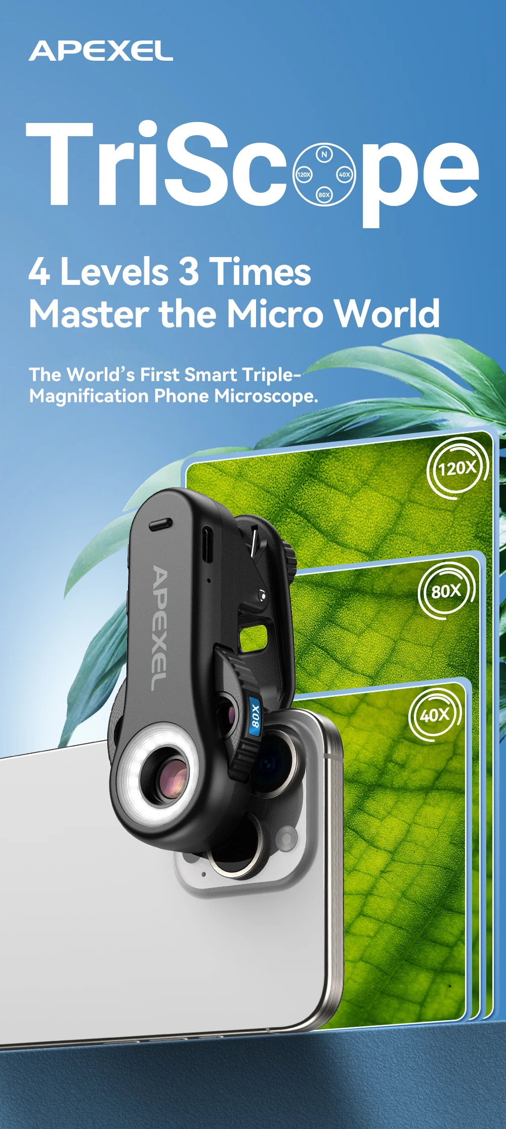 APEXEL 2025 New HD 40X/80X/120X Microscope 3in1 Lens with LED Light/Universal Clip for iPhone 17/pro max 16/Android Smartphones