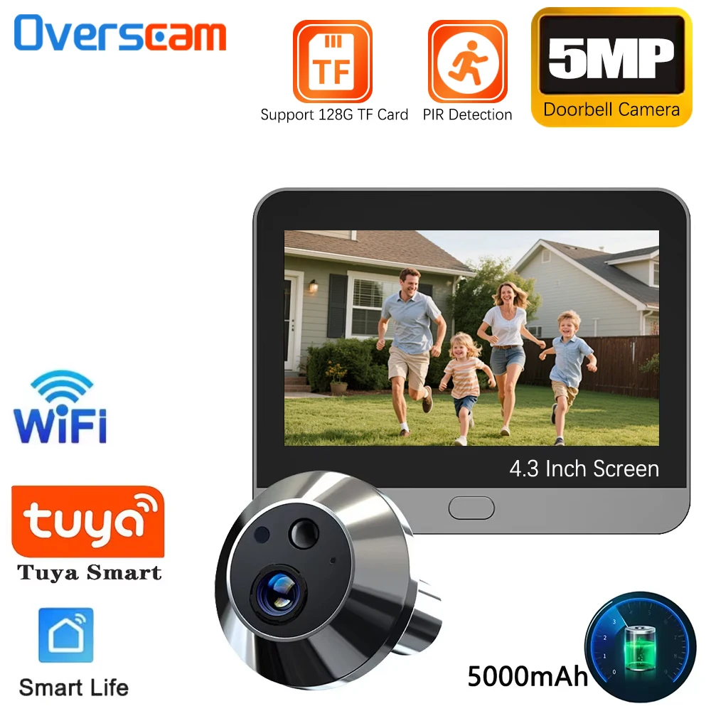 Tuya WiFi Peephole Doorbell Camera FHD 5MP 4.3Inch Door Bell Eye Camera PIR Motion Detection Smart Home Security Video Doorbell Tuya WiFi Peephole Doorbell Camera FHD 5MP 4.3Inch Door Bell Eye Camera PIR Motion Detection Smart Home Security Video Doorbell