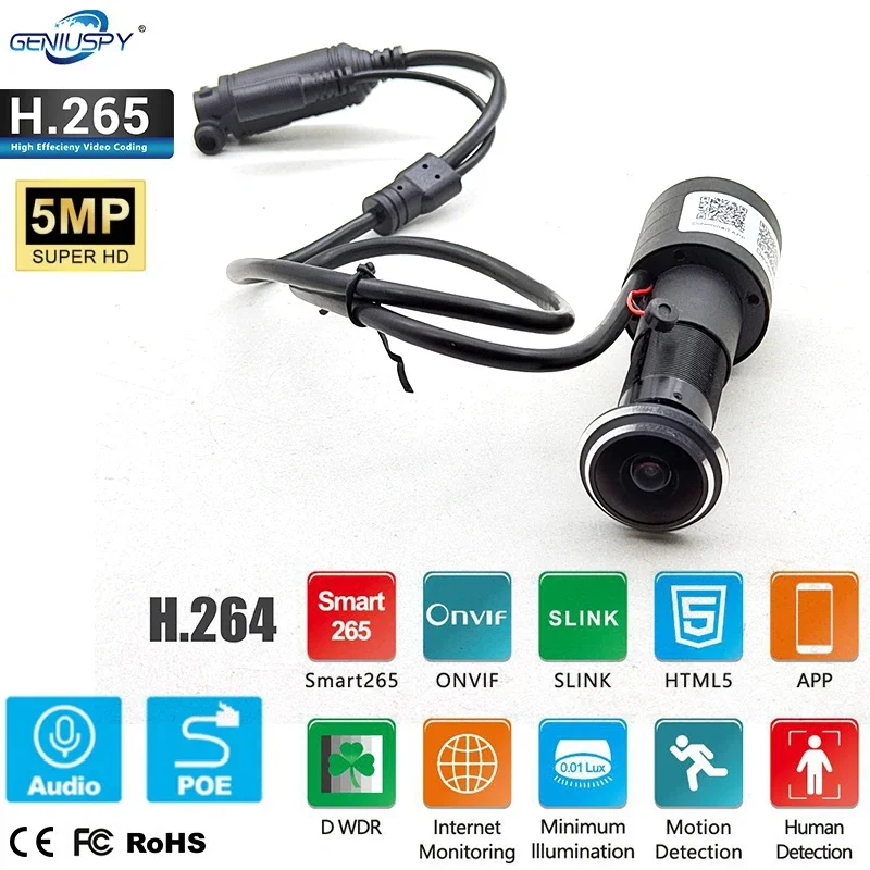 Geniuspy HD 5MP Fisheye Peephole POE IP Camera Audio Mini Door Eye Hole Camera  P2P Network Surveillance Camera Security Seeasy