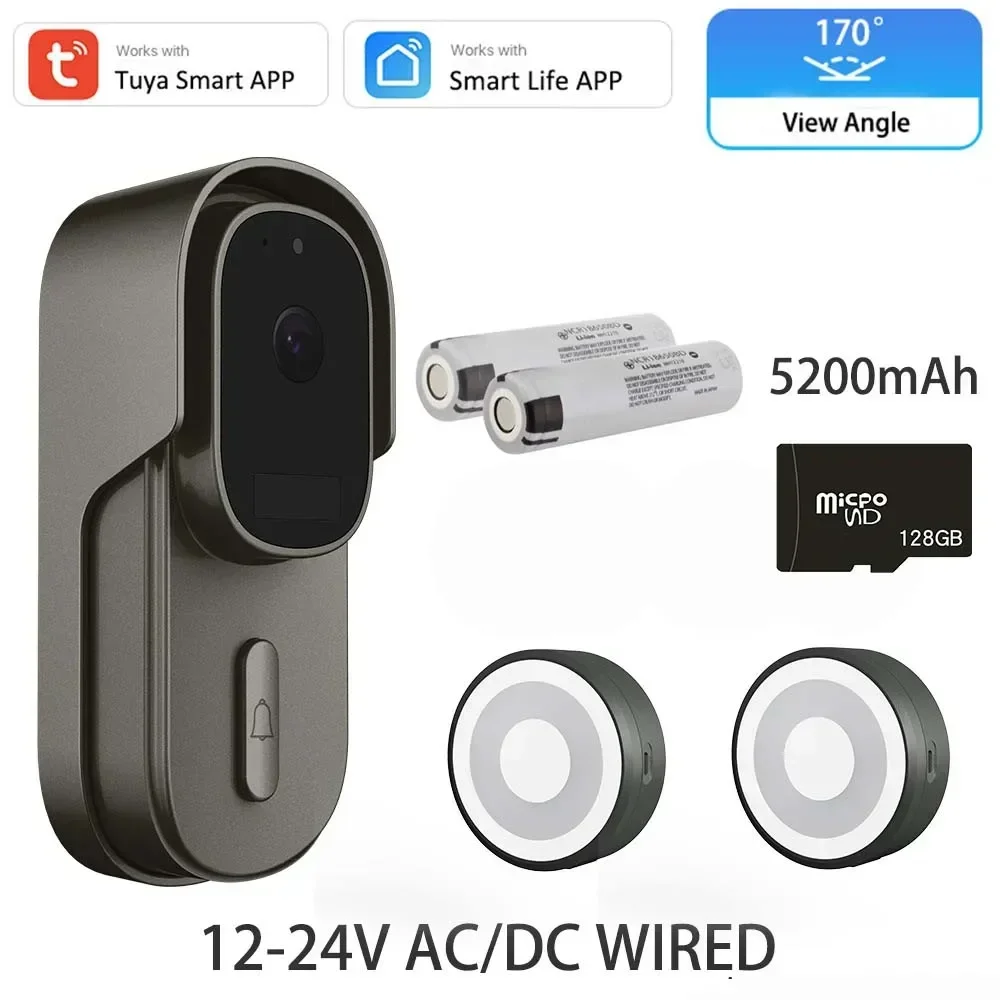 Tuya Video Doorbell WiFi Wireless Wired Door Bell 12-24V AC/DC Battery Powered 1080P 2MP Waterproof with Alexa Doorbell Camera