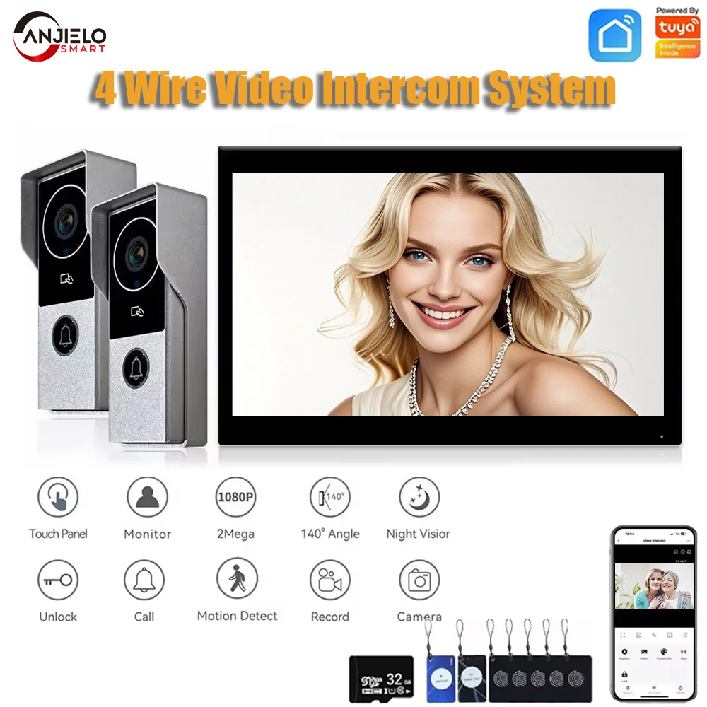 1080P Touch Monitor, 10-inch Home System, Intercom, Video Door, Phone, Wifi, Metal Doorbell, Camera, Tuya Smart
