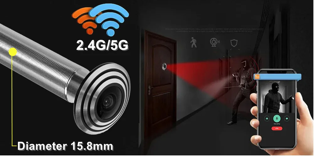 5G 2.4G WIFI 16MM Tuya Wifi Door Eye Camera Mini Peephole Door WifI IP Camera 1.66MM Wide Angle FishEye Audio TF Card Slot