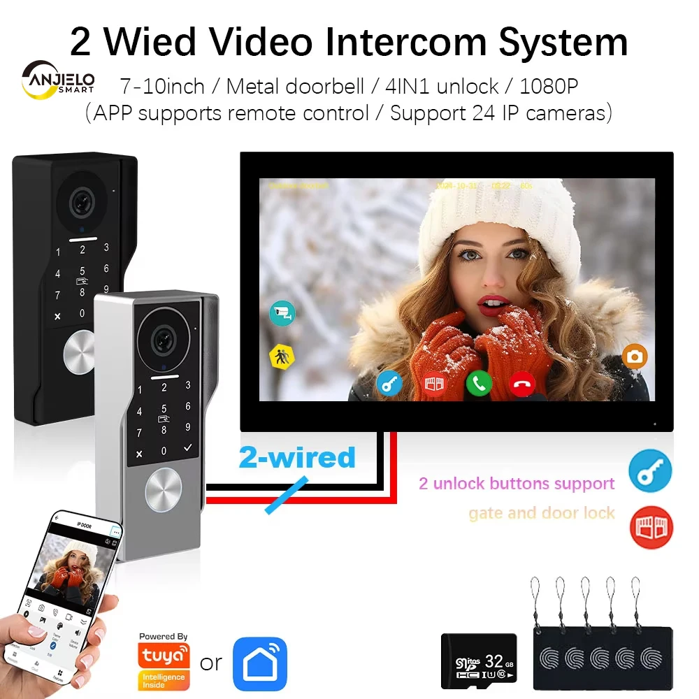 ANJIELO2Wire Digital Video Intercom System TUYA Smart 1080P Doorphone Camera Video Doorbell Support Gate DoorLockRemote Control