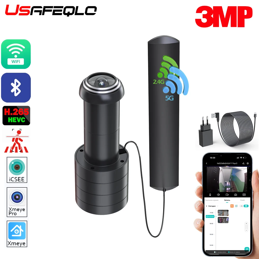 iCSEE Door Eye Hole Security 3MP HD 1.7mm Lens Wide Angle FishEye CCTV Network Mini Peephole Door Wifi Camera P2P Xmeye VMS