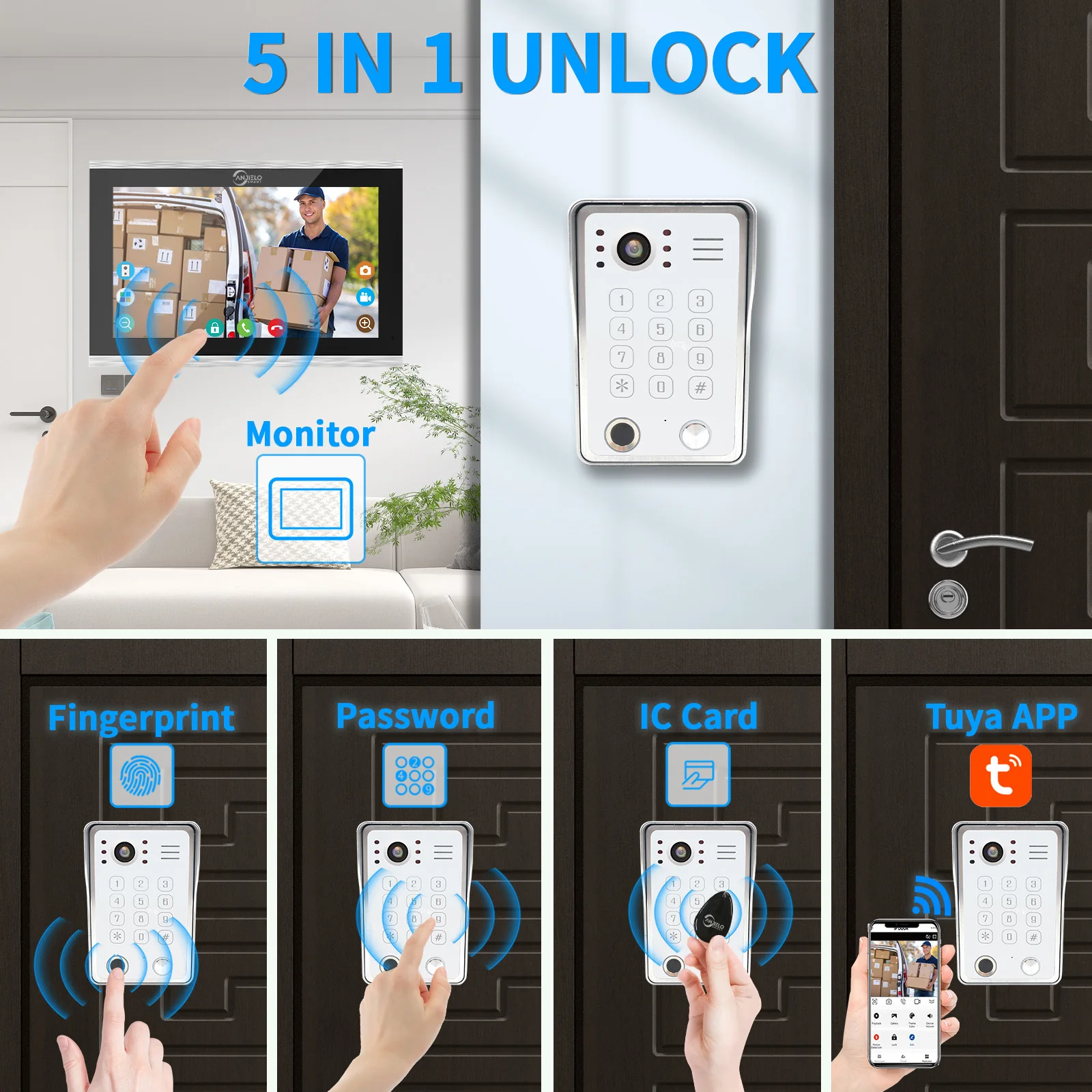 ANJIELO Fingerprint 5in1 Unlock Wifi Doorbell Video Intercom System for Home Doorphone Tuya Smart 1080P Monitor Security Protect