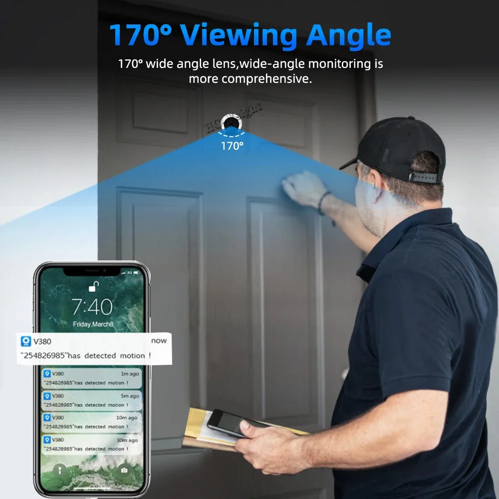 HD 1080P Door Peephole Viewer WIFI Camera 170 °Wide Angle 940nm IR Night Vision Supports Two-way Voice for Home Security
