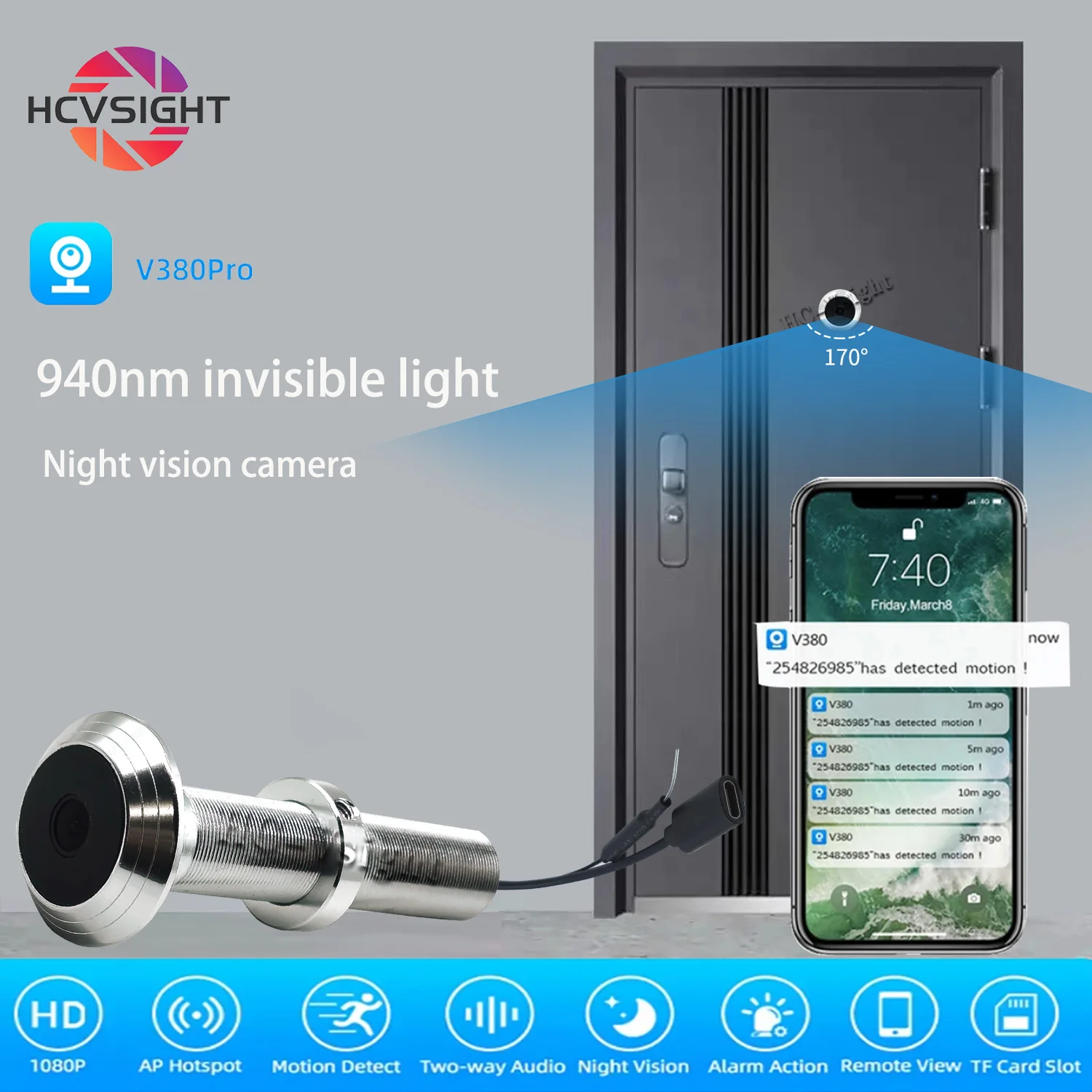HD 1080P Door Peephole Viewer WIFI Camera 170 °Wide Angle 940nm IR Night Vision Supports Two-way Voice for Home Security