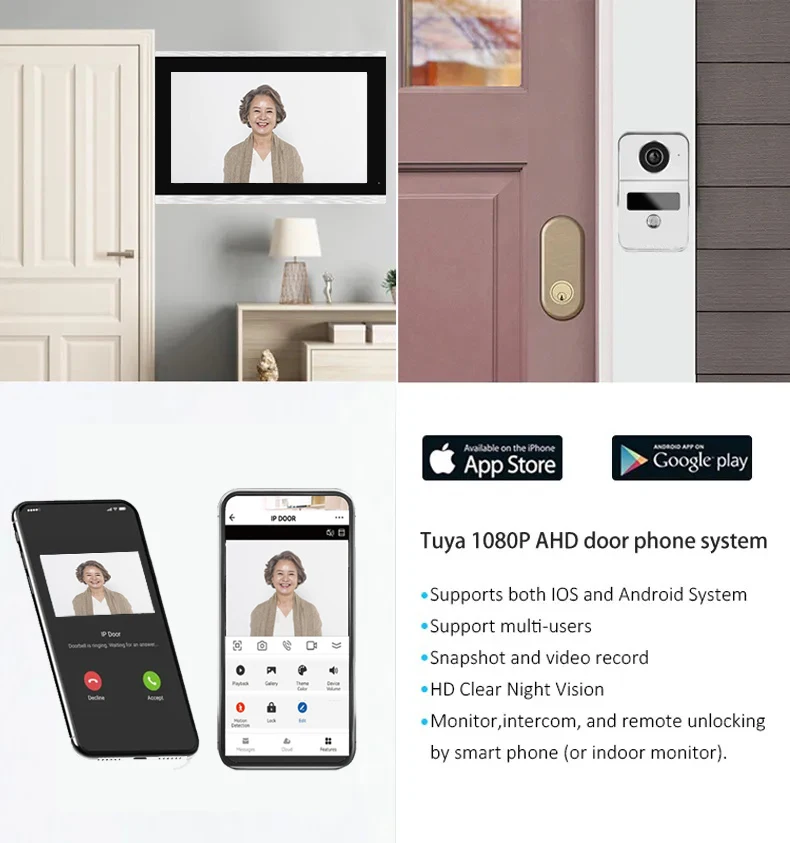 4 Wire Digital Video Intercom System 7 / 10.1 Inch Wireless WIFI Monitor 1080P Doorphone Camera Video Doorbell Card Tuya Unlock