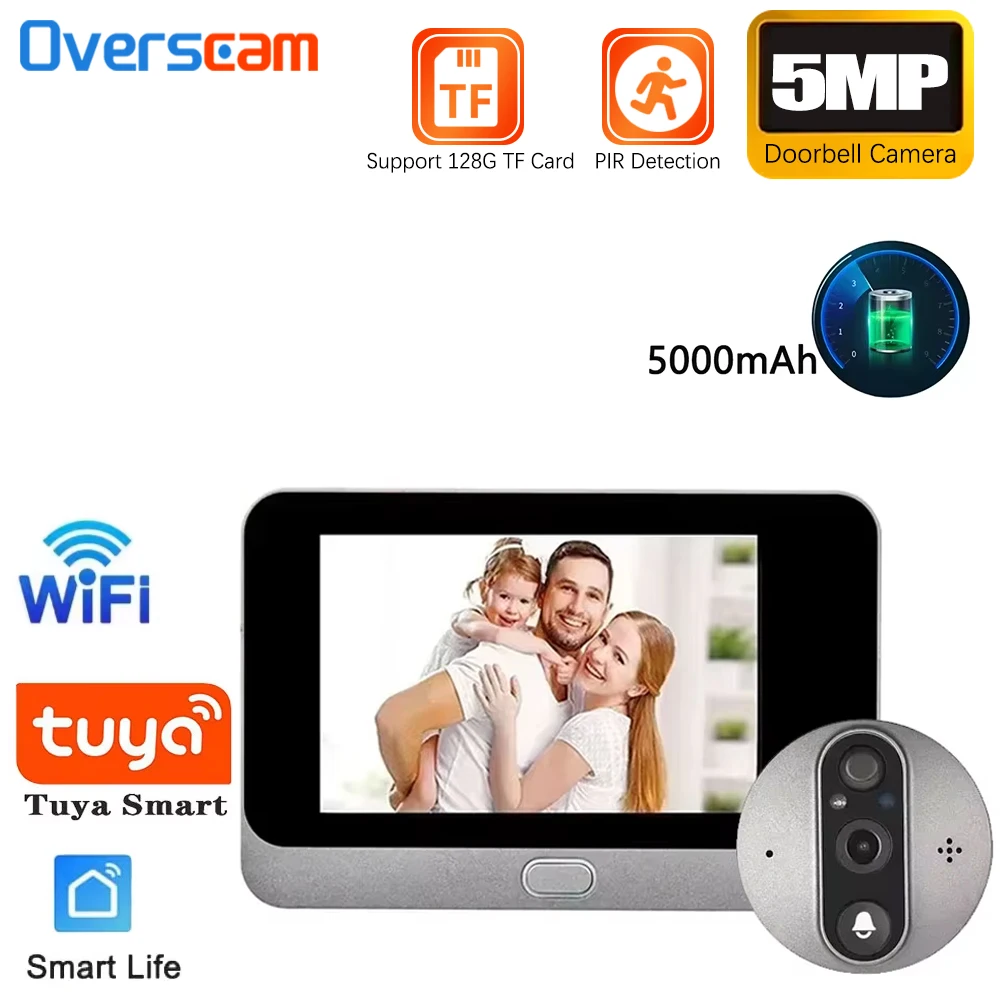 Tuya 5MP Peephole Doorbell Smart Living 2.4G WiFi PIR Detection Door Eye Camera Motion Detection 4.3-Inch Screen Video Recording