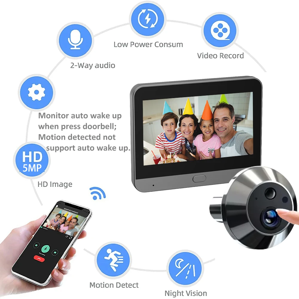 4.3 Inch 5MP Baby Monitor Tuya SmartLife Home WiFi Digital Peephole Door Eye Video Camera Home Security NightVision Video Viewer