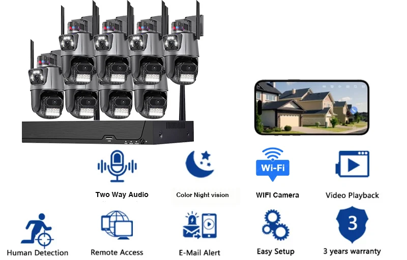 Icsee 8MP Outdoor PTZ Rotate Camera Wireless Security System Smart Wifi NVR Kit 4K Camera NVR Kit 8CH 5MP WiFi NVR