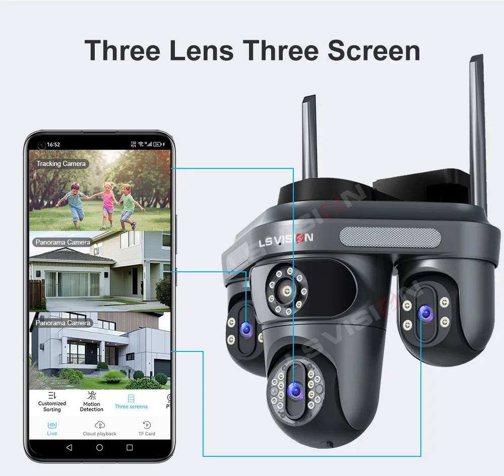 LS VISION WiFi IP Camera Outdoor 35MP 6K Triple Lenses Triple/4 Screens Security Video Monitor Night Vision Waterproof CCTV 10X