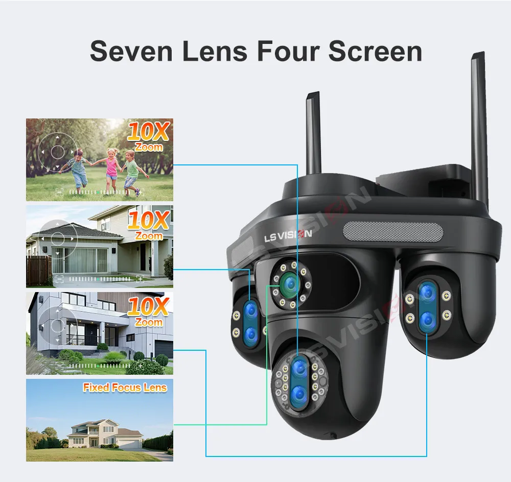 LS VISION WiFi IP Camera Outdoor 35MP 6K Triple Lenses Triple/4 Screens Security Video Monitor Night Vision Waterproof CCTV 10X