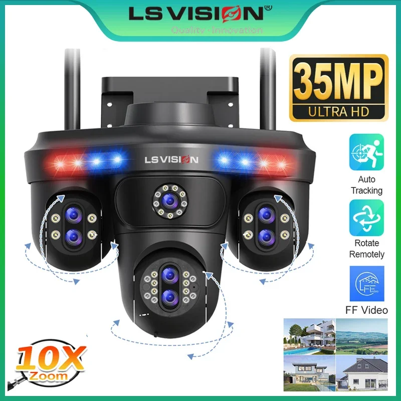LS VISION WiFi IP Camera Outdoor 35MP 6K Triple Lenses Triple/4 Screens Security Video Monitor Night Vision Waterproof CCTV 10X