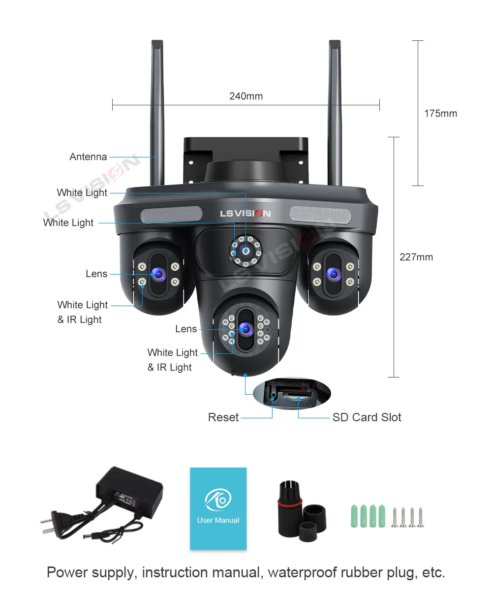 LS VISION WiFi IP Camera Outdoor 35MP 6K Triple Lenses Triple/4 Screens Security Video Monitor Night Vision Waterproof CCTV 10X