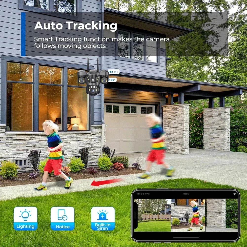 15MP Outdoor WiFi IP Camera 10X Zoom Three Lens Three Screens Waterproof Two-way Audio Auto Tracking CCTV Wireless Surveillance