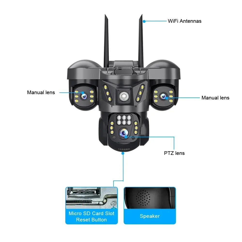 15MP Outdoor WiFi IP Camera 10X Zoom Three Lens Three Screens Waterproof Two-way Audio Auto Tracking CCTV Wireless Surveillance