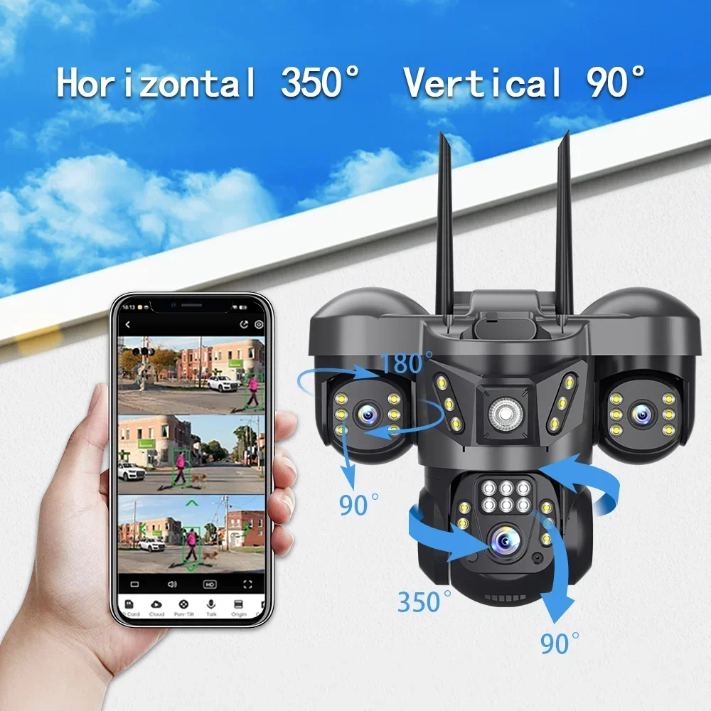15MP Outdoor WiFi IP Camera 10X Zoom Three Lens Three Screens Waterproof Two-way Audio Auto Tracking CCTV Wireless Surveillance
