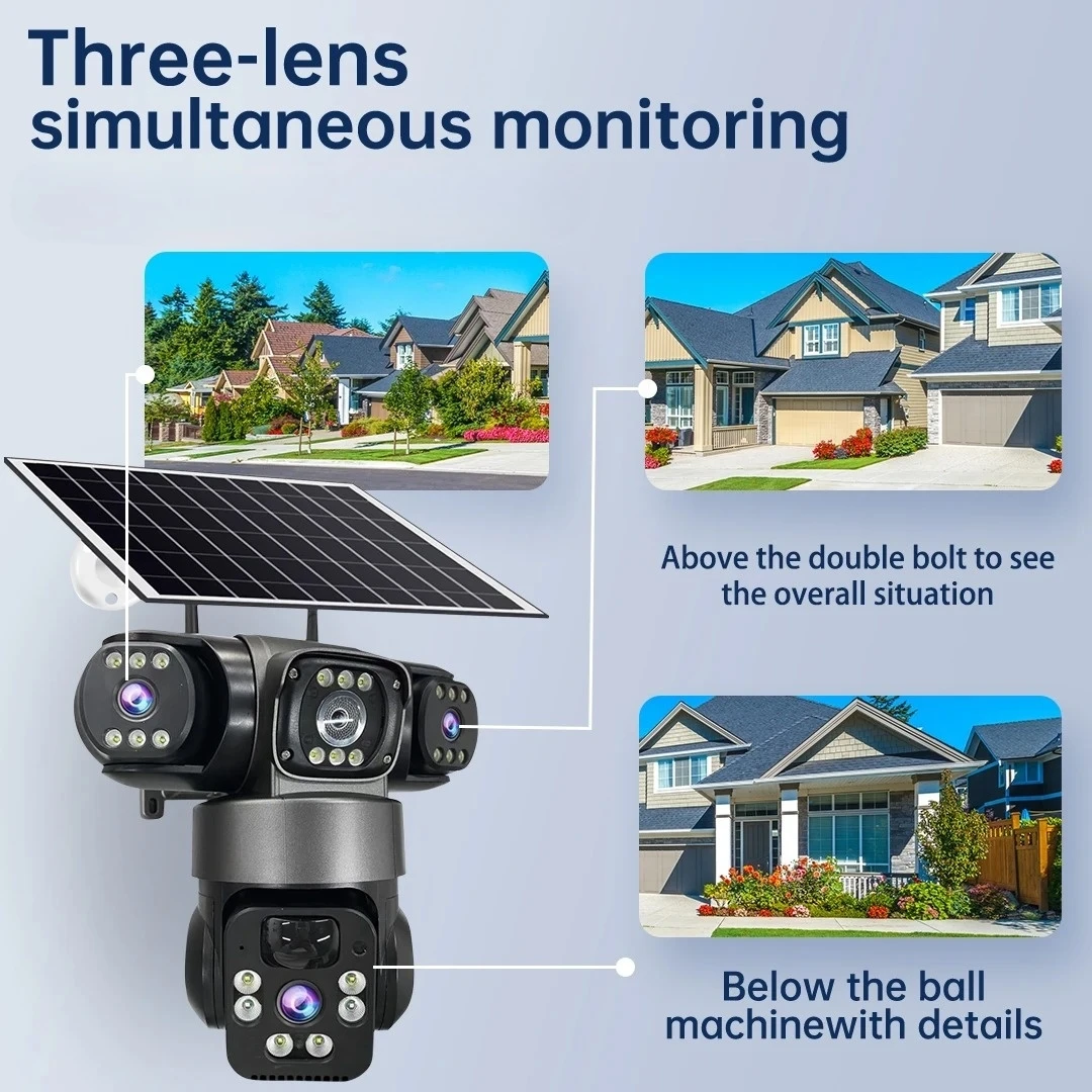 15MP 8K Wifi IP Camera Three Lenses Solar Outdoor Waterproof Camera  HD Low Power Battery PIR Night Vision CCTV Security Cam