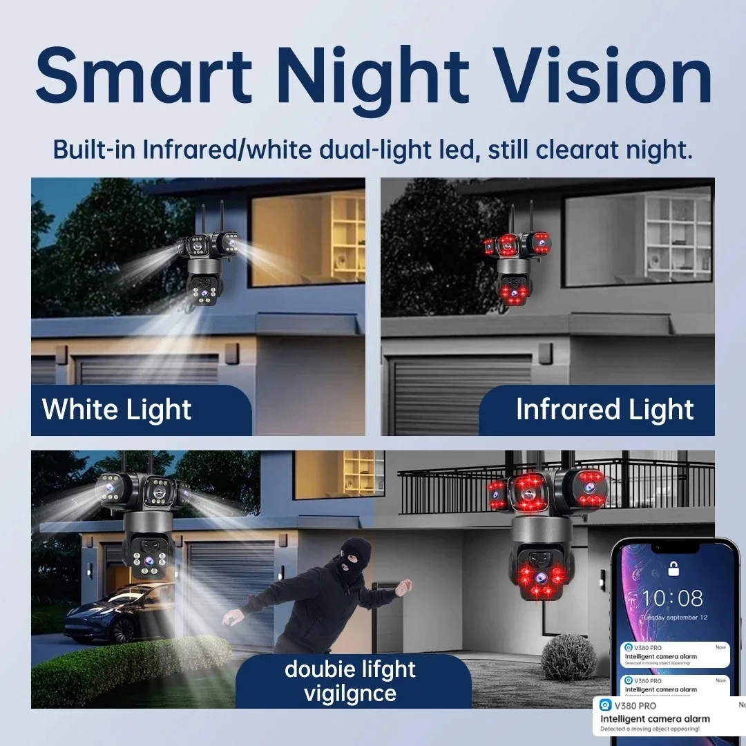 15MP 8K Wifi IP Camera Three Lenses Solar Outdoor Waterproof Camera  HD Low Power Battery PIR Night Vision CCTV Security Cam