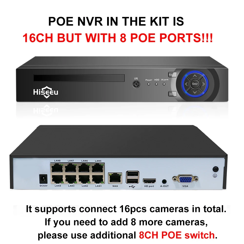 Hiseeu 4K 8MP POE Security Camera System AI Face Detection 8 Port NVR H.265 Home Waterproof CCTV Surveillance IP Camera Kit