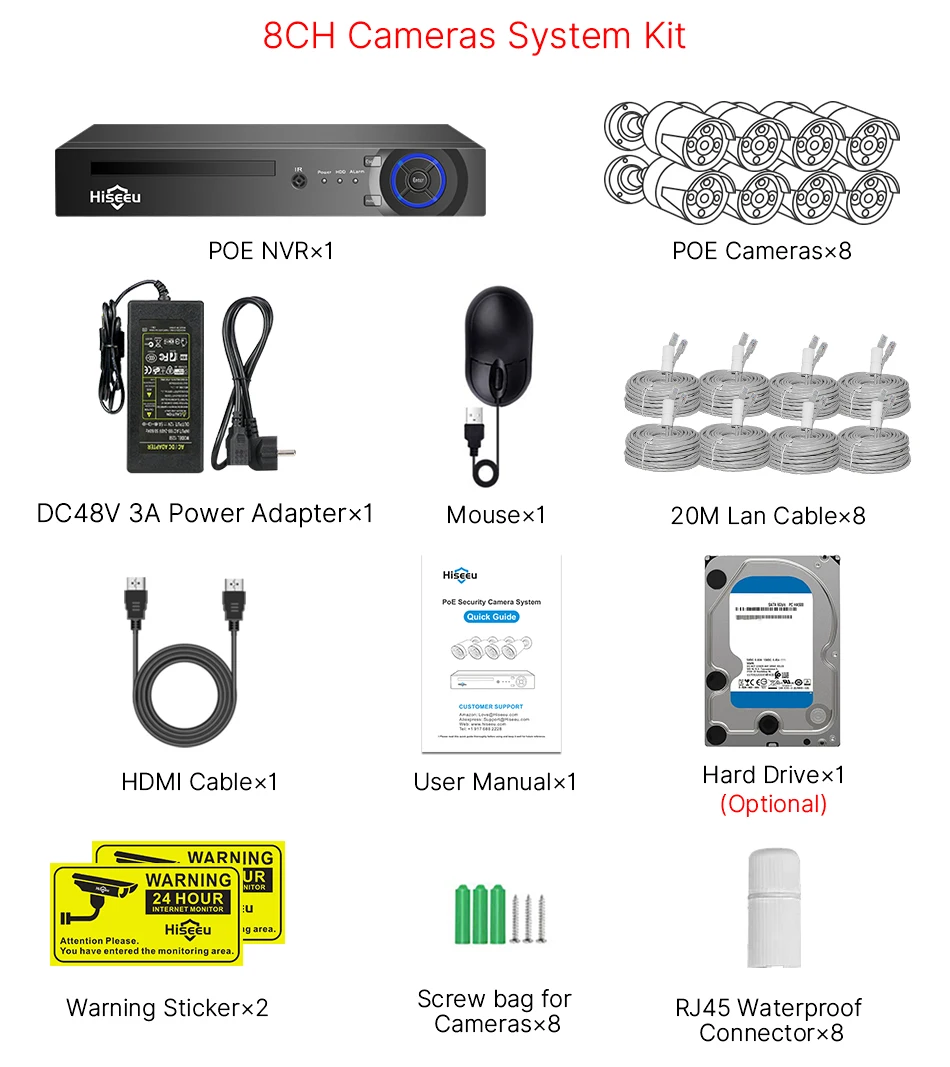Hiseeu 4K 8MP POE Security Camera System AI Face Detection 8 Port NVR H.265 Home Waterproof CCTV Surveillance IP Camera Kit