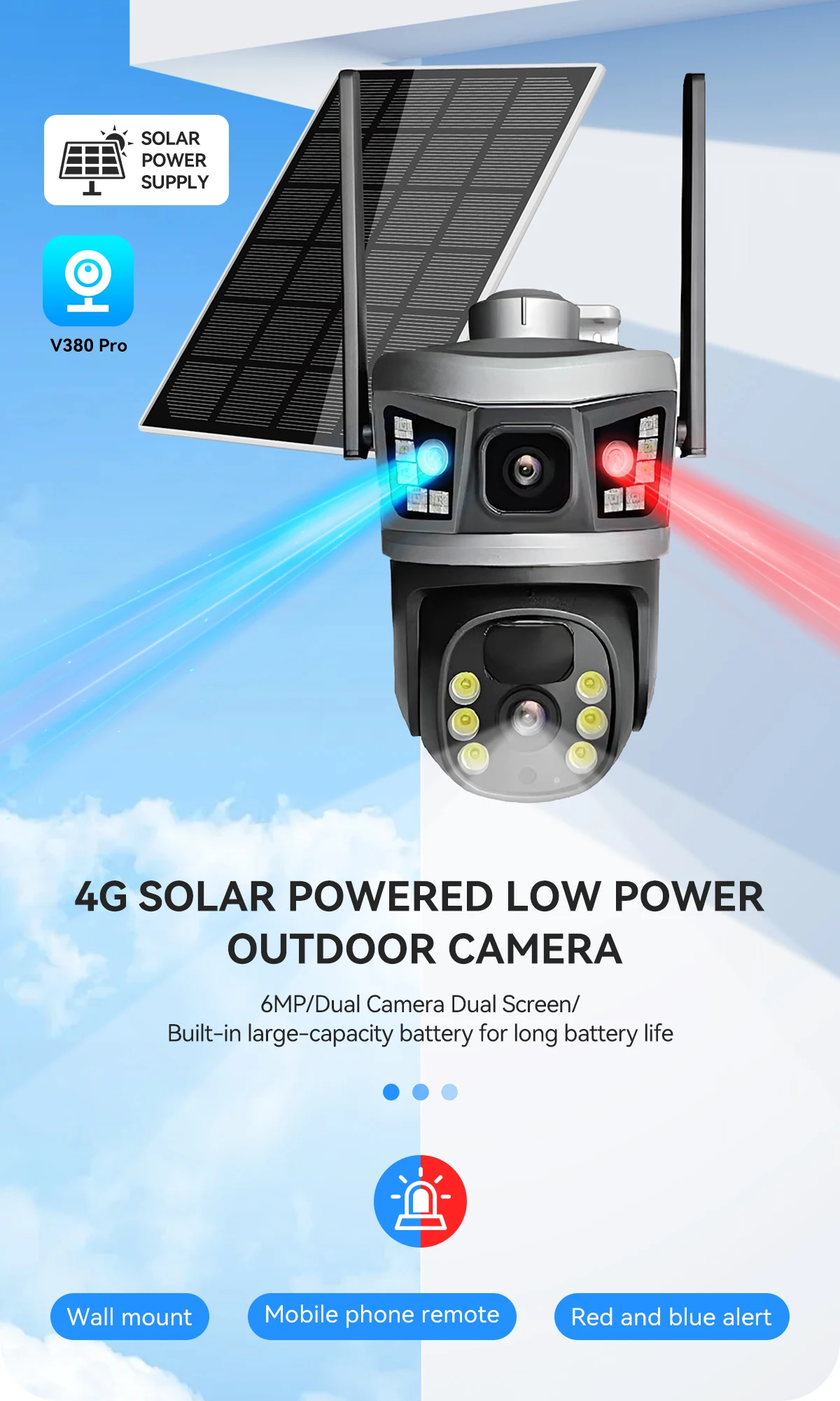 V380 Dual Lens 4G Camera Solar PIR Human Detection Night Vision Waterproof Security Video IP Camara 6MP 4K Battery CCTV Monitor