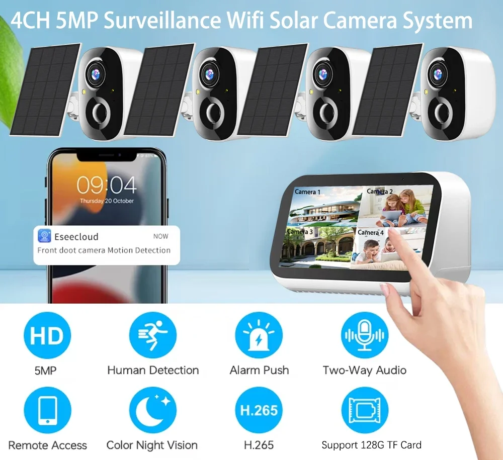 Smart 5MP 4.39 Inch Touch Screen 4CH Mini Wireless NVR Kit Security Solar Battery IP Camera Indoor/Outdoor WiFi EseeCloud System