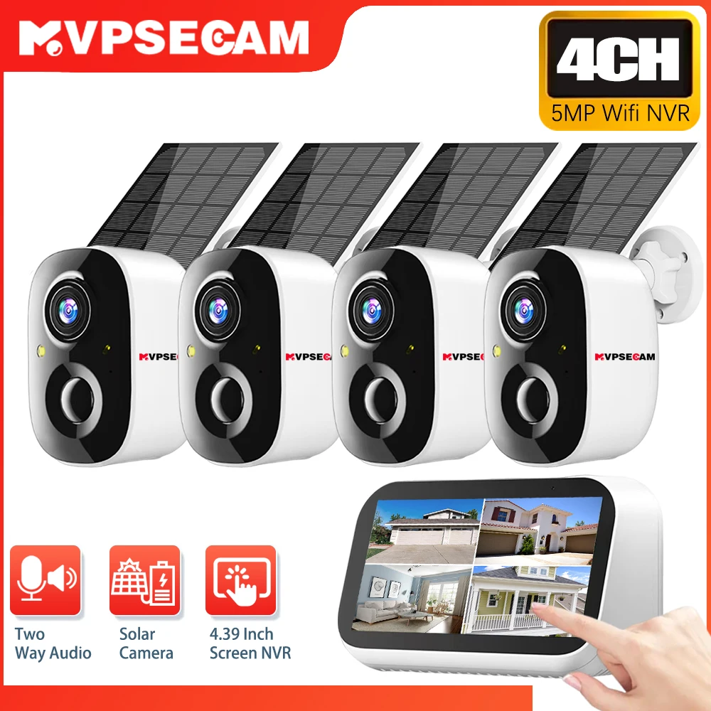 Smart 5MP 4.39 Inch Touch Screen 4CH Mini Wireless NVR Kit Security Solar Battery IP Camera Indoor/Outdoor WiFi EseeCloud System
