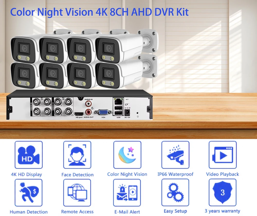 8Channel DVR CCTV Security AHD Camera System Camera Analog Kit HD 4K 8MP Metal Bullet Color Night Vision Video Surveillance Set