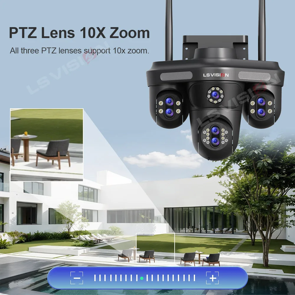LS VISION 35MP 10X Zoom Four Screens WiFi IP Camera Wireless Outdoor Seven Lens Three PTZ Camera Auto Tracking Security Camera