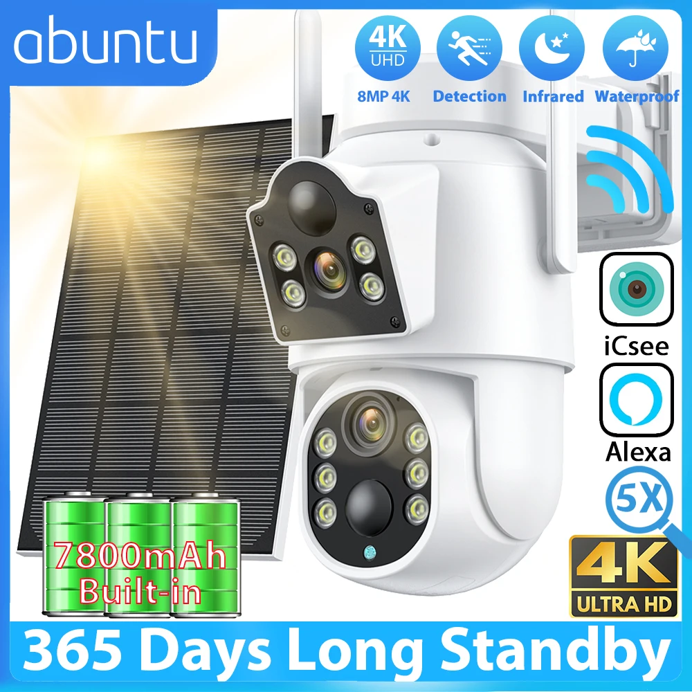 8MP 4K Solar Wifi Outdoor Camera Dual Lens ICSEE Wireless Home Surveillance Camera 7800mAh Battery 365 Days Standby Security CAM 8MP 4K Solar Wifi Outdoor Camera Dual Lens ICSEE Wireless Home Surveillance Camera 7800mAh Battery 365 Days Standby Security CAM