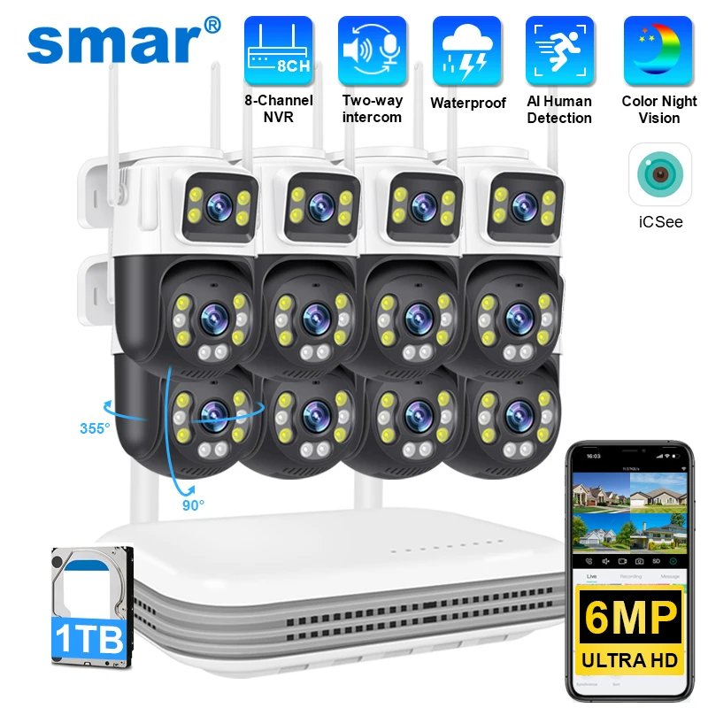 Smar 8CH 6MP Wireless PTZ Camera Dual Lens WIFI Security Kit NVR Recorder Set IP Camera 2-Way Audio Video Surveillance System