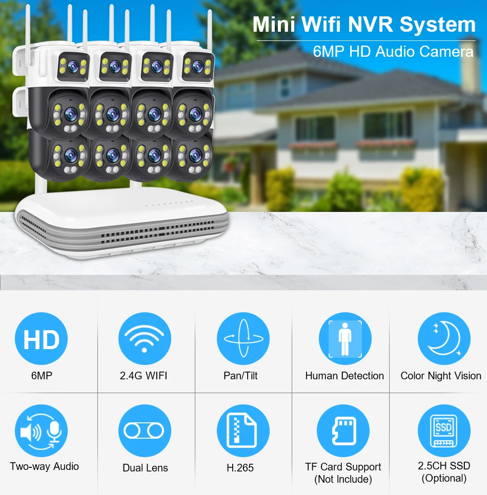 Smar 8CH 6MP Wireless PTZ Camera Dual Lens WIFI Security Kit NVR Recorder Set IP Camera 2-Way Audio Video Surveillance System