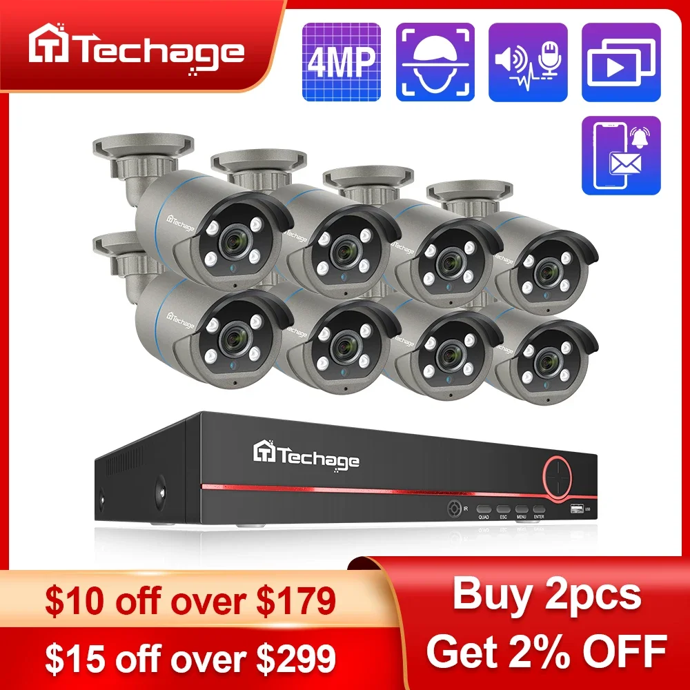 Techage 8CH HD 4MP POE Surveillance Camera CCTV Security System H.265 Face Detect Outdoor Two-way Audio IP Camera P2P Video NVR
