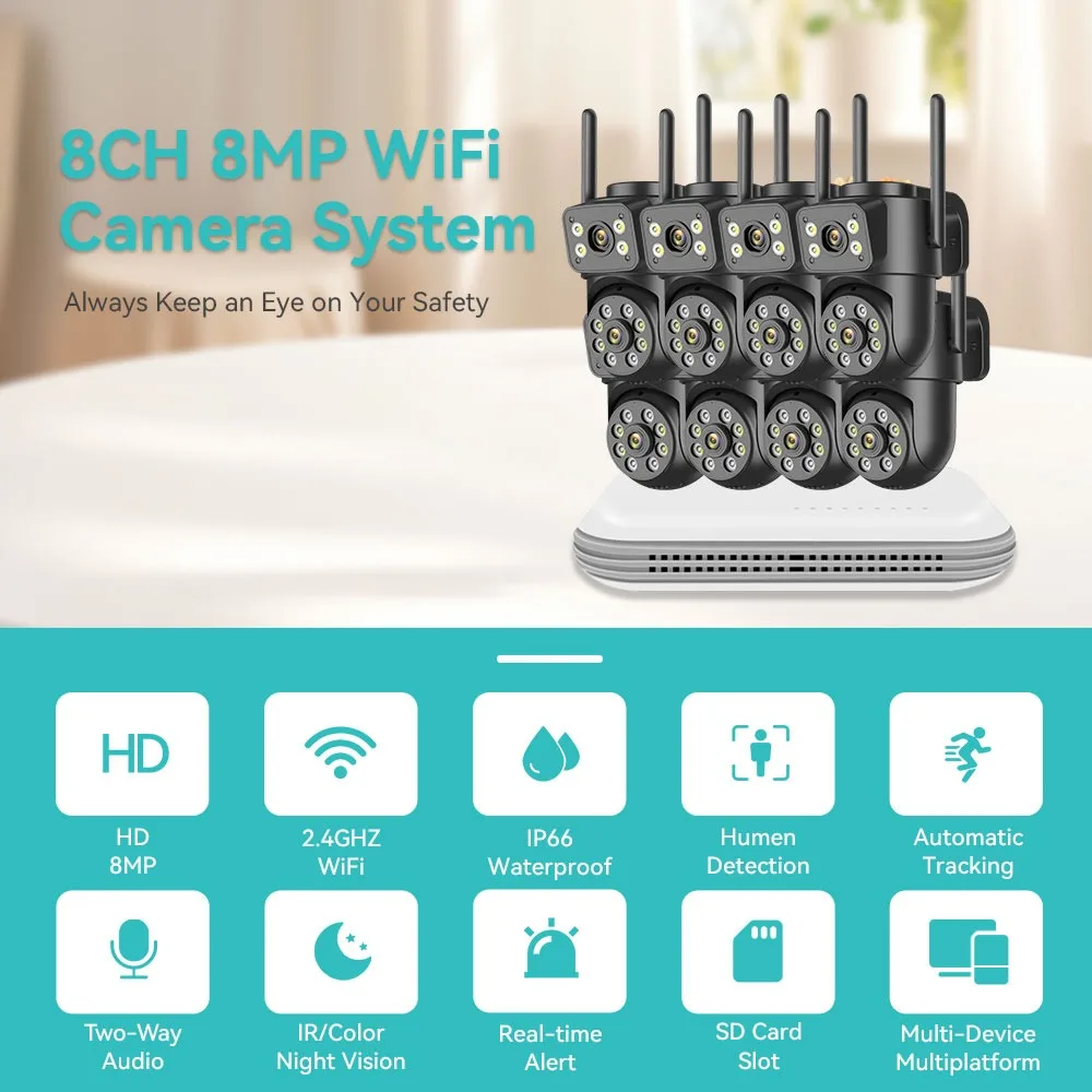 8MP 4K Wireless CCTV System PTZ WiFi Camera Two Way Audio IP66 Waterproof IP Camera 8CH NVR P2P Surveillance Kit iCSee APP