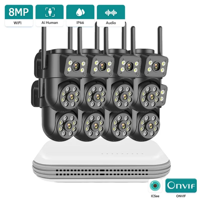 8MP 4K Wireless CCTV System PTZ WiFi Camera Two Way Audio IP66 Waterproof IP Camera 8CH NVR P2P Surveillance Kit iCSee APP