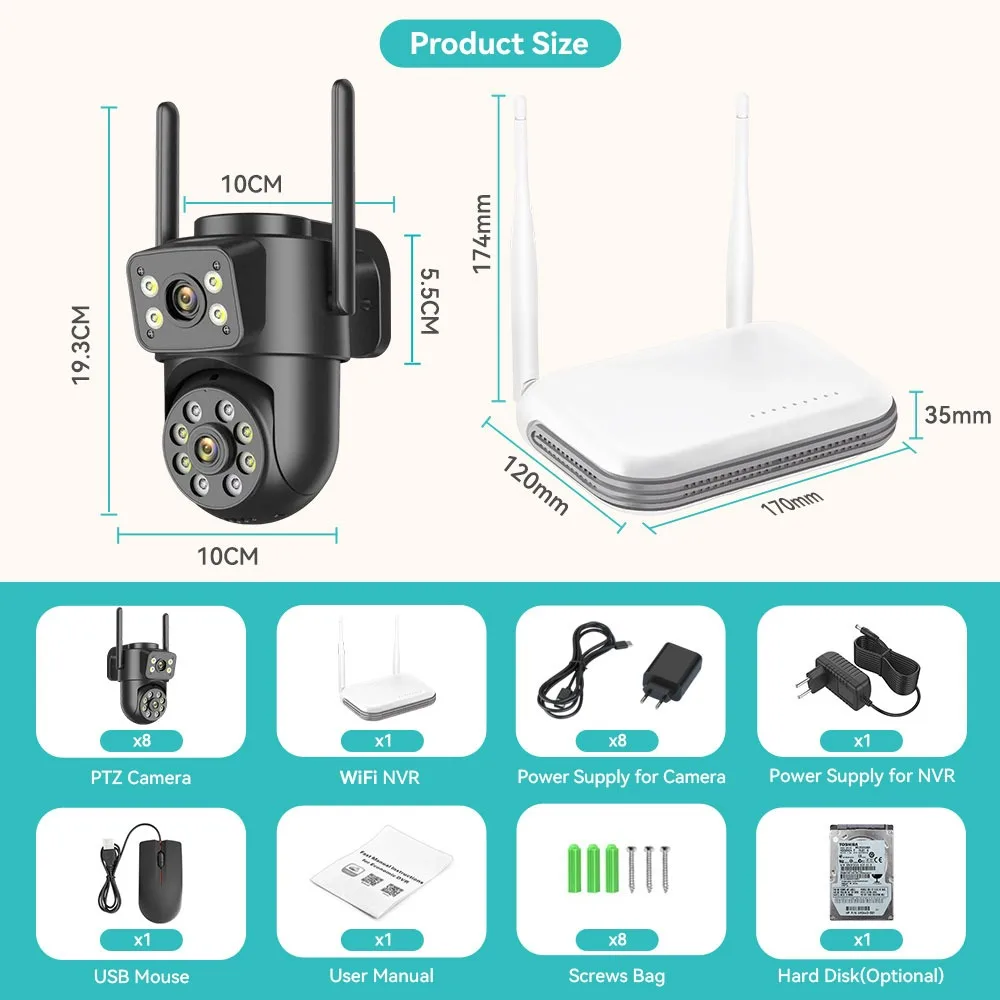 8MP 4K Wireless CCTV System PTZ WiFi Camera Two Way Audio IP66 Waterproof IP Camera 8CH NVR P2P Surveillance Kit iCSee APP