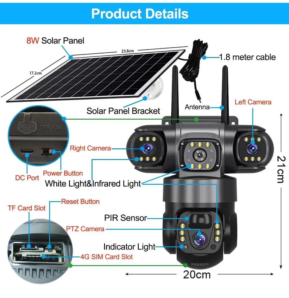 Wifi IP Camera Three Lenses Solar Outdoor Waterproof  15MP 8K PIR Night Vision Human Auto Tracking Surveillance Camera V380 Pro