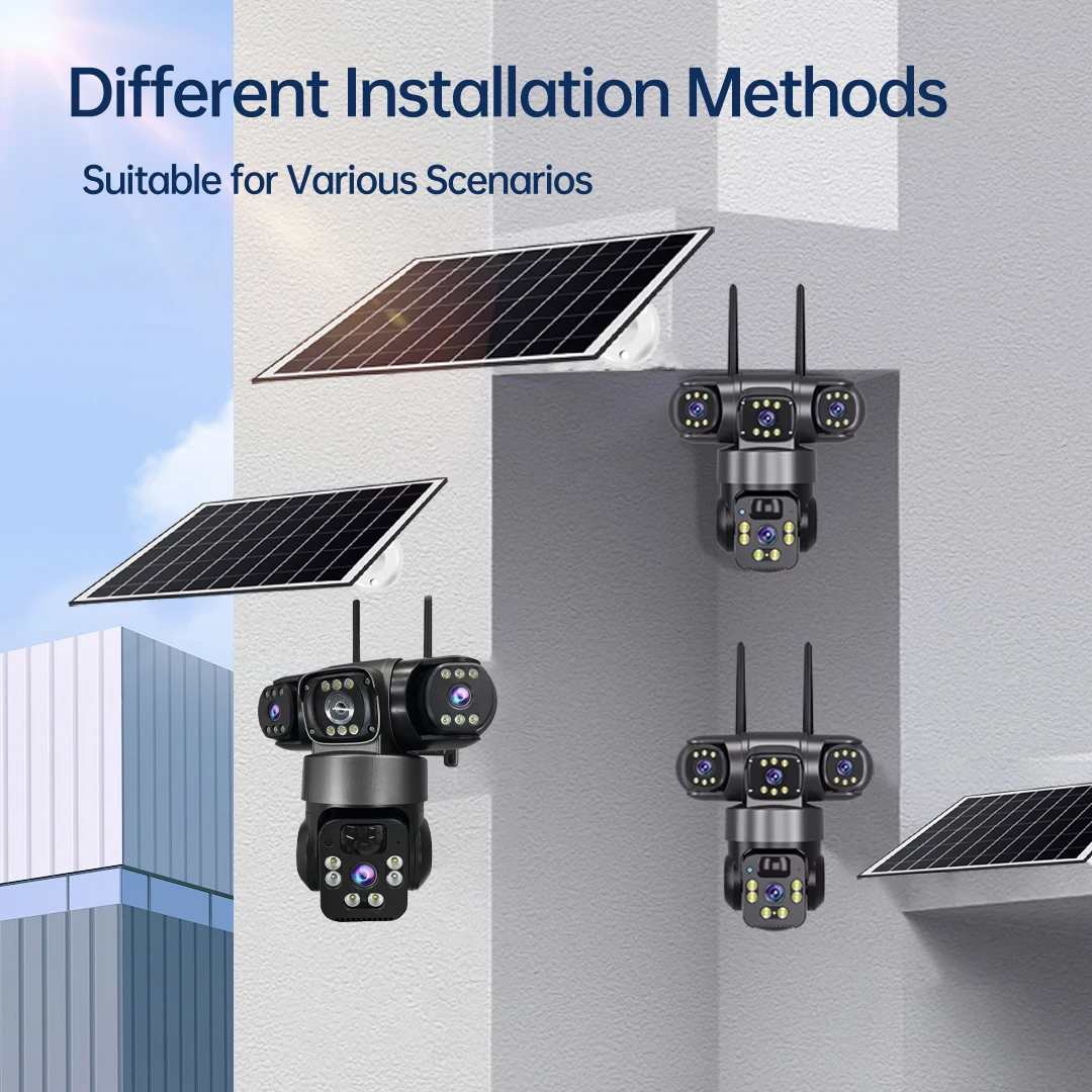 Wifi IP Camera Three Lenses Solar Outdoor Waterproof  15MP 8K PIR Night Vision Human Auto Tracking Surveillance Camera V380 Pro