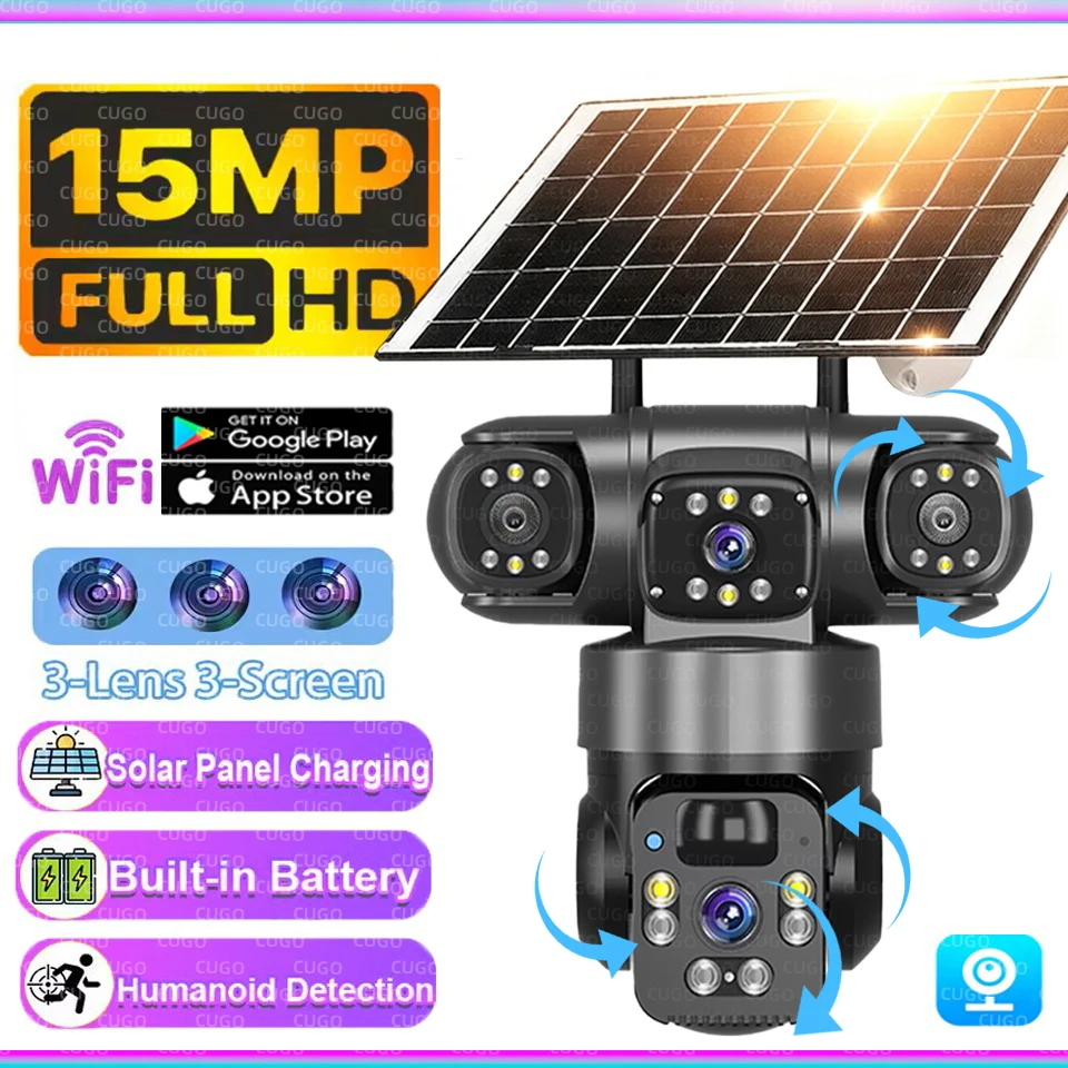 Wifi IP Camera Three Lenses Solar Outdoor Waterproof  15MP 8K PIR Night Vision Human Auto Tracking Surveillance Camera V380 Pro