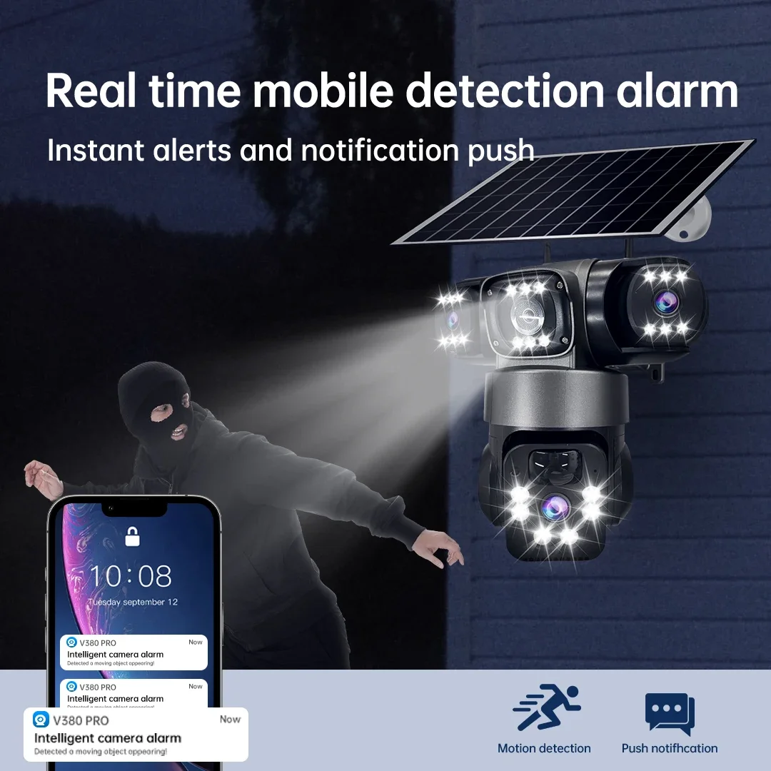 Wifi IP Camera Three Lenses Solar Outdoor Waterproof  15MP 8K PIR Night Vision Human Auto Tracking Surveillance Camera V380 Pro