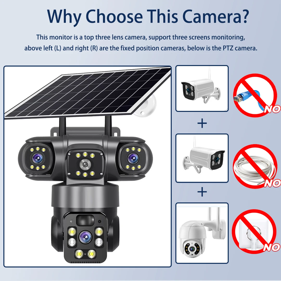 Wifi IP Camera Three Lenses Solar Outdoor Waterproof  15MP 8K PIR Night Vision Human Auto Tracking Surveillance Camera V380 Pro