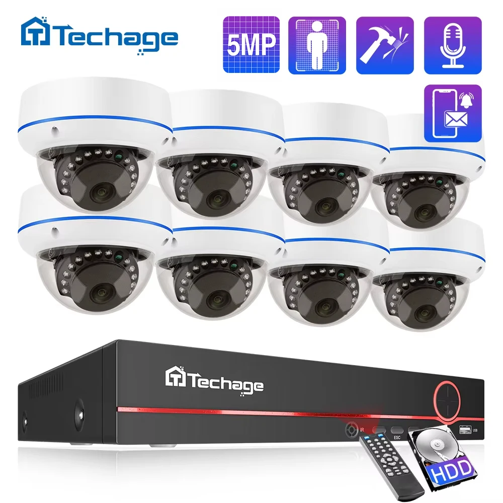 Techage H.265 5MP 8CH POE Camera System One-way Audio Vandalproof Camera Metal Indoor CCTV Video Security Surveillance Kit P2P