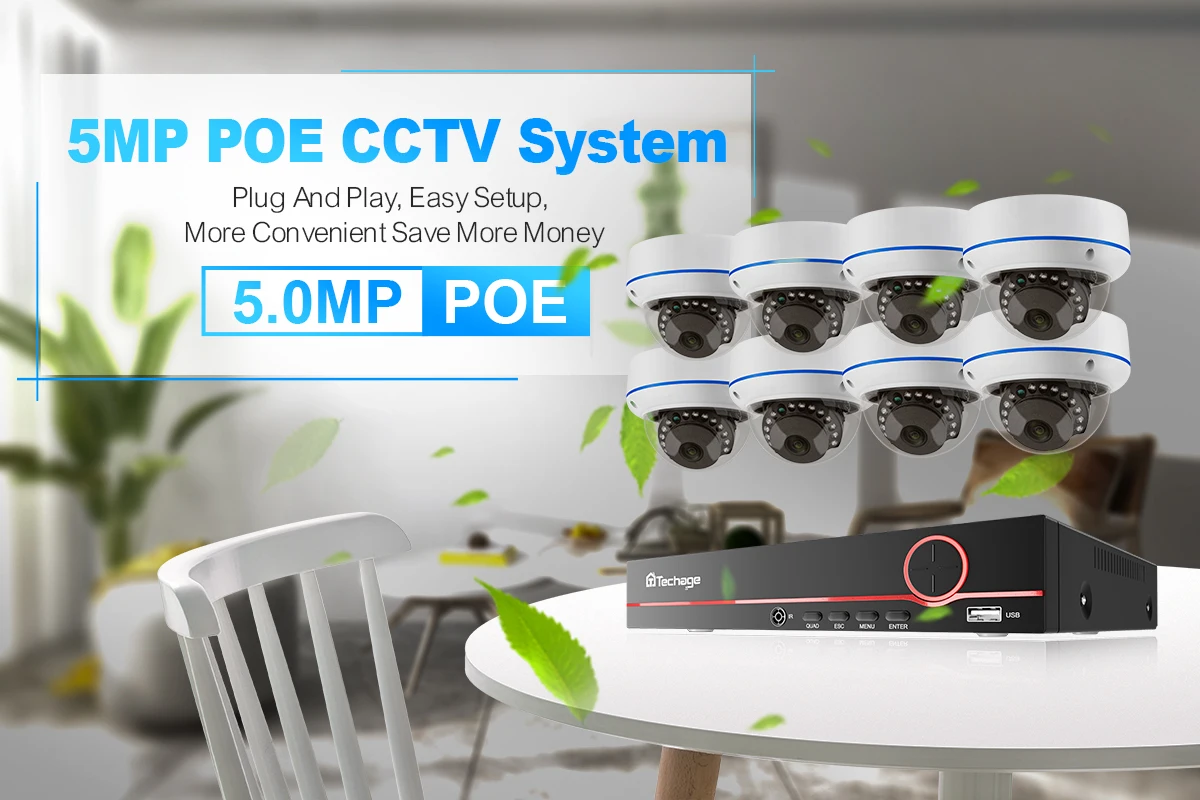 Techage H.265 5MP 8CH POE Camera System One-way Audio Vandalproof Camera Metal Indoor CCTV Video Security Surveillance Kit P2P