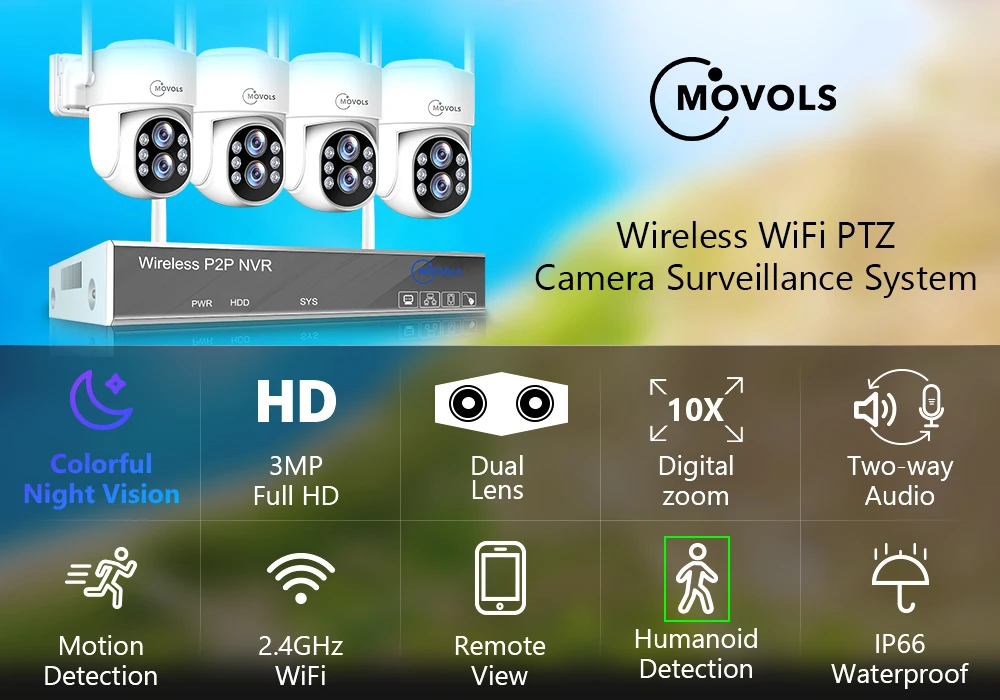 Movols 3MP Wireless Security Camera System 10X Optical Zoom Two Way Audio WIFI PTZ Camera 8CH NVR Kit Video Surveillance System