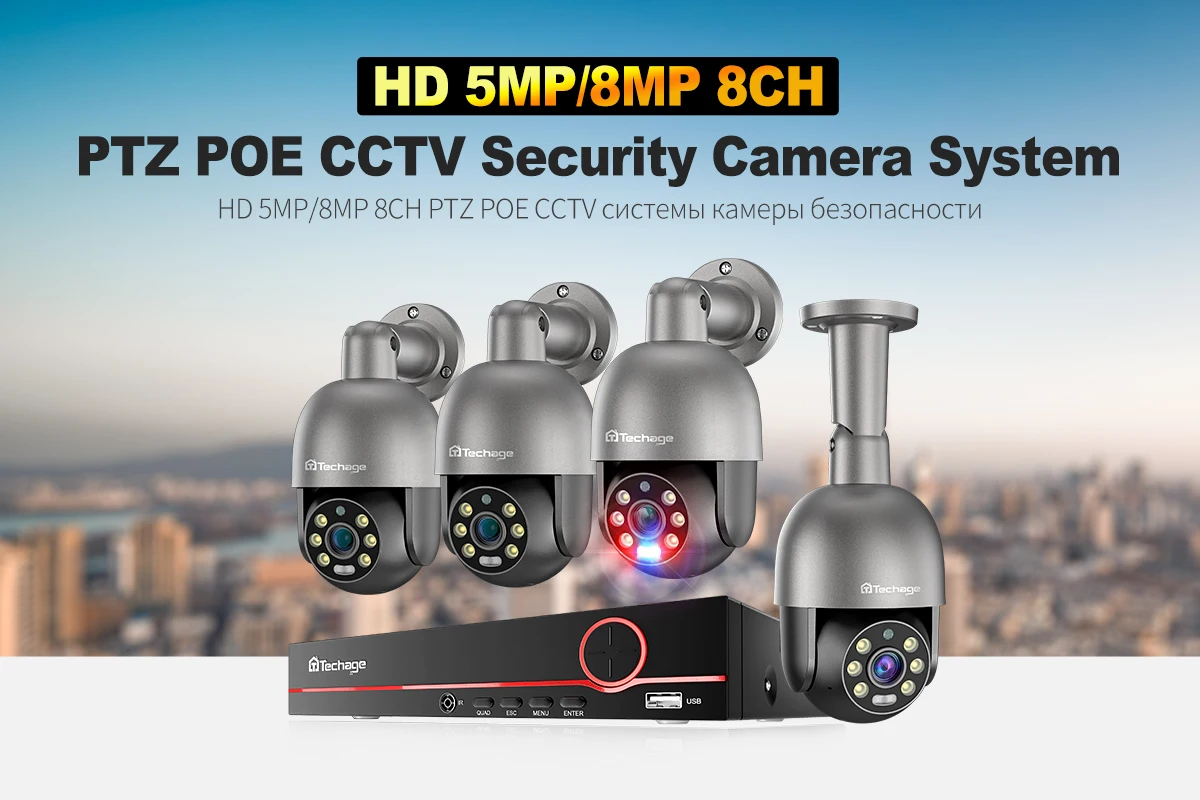 Techage 8CH 4K 5MP 8MP PTZ Security POE IP Camera System Outdoor AI Human Detection Two Way Audio Video Surveillance Camera Kit